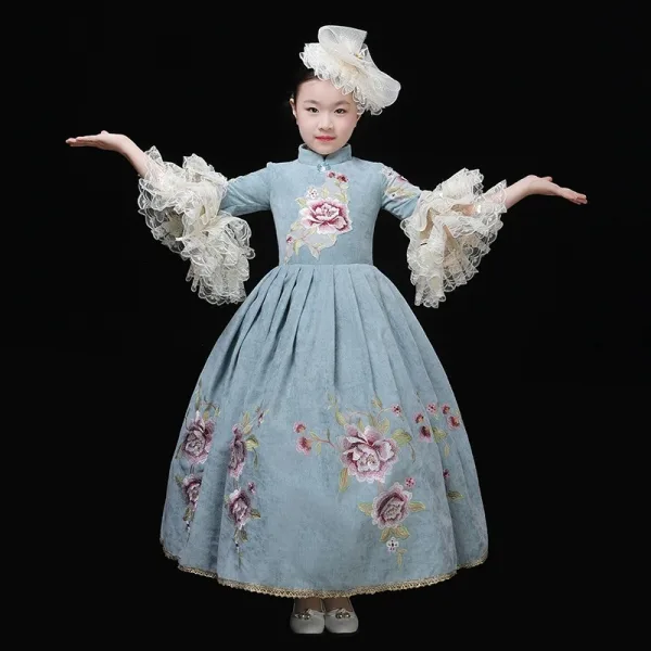 Vintage / Retro Medieval Pool Blue Flower Girl Dresses 2024 Printing Floral Floor-Length / Long 3/4 Sleeve High Neck Cosplay Wedding Prom A-Line / Princess Ball Gown Wedding Party Dresses