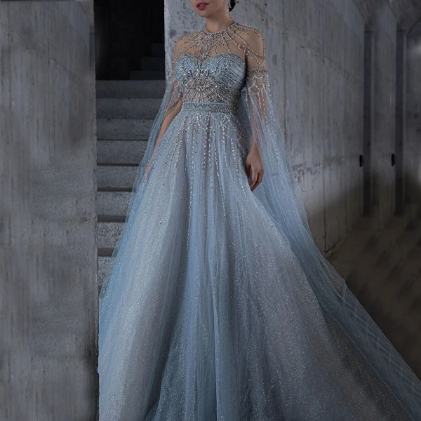 Haut de Gamme Bleu Ciel Fait main Perlage Paillettes Robe De Soirée 2023 Princesse Encolure Dégagée Manches Longues Noeud Soirée Train De Balayage Robe De Ceremonie