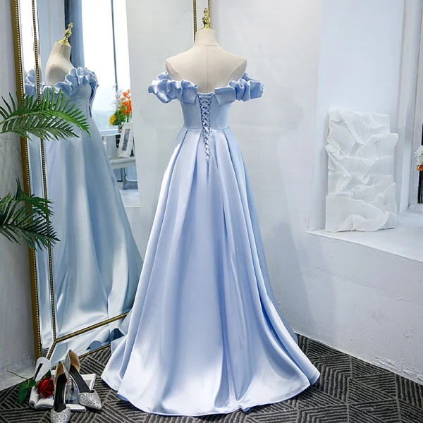 Elegante Himmelblau Ballkleider 2021 A Linie Gekreuzte Träger Rüschen Einfarbig Satin Off Shoulder Lange Tanzen Festliche Kleider