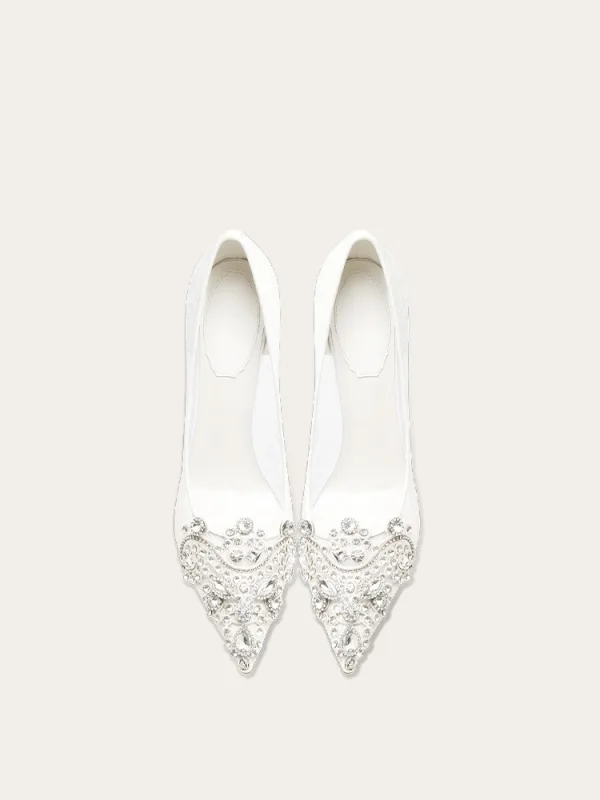 Elegante Kanten Rhinestone Witte Bruidsschoenen 2024 10 cm Naaldhakken / Stiletto Spitse Neus Huwelijk Pumps Hoge Hakken