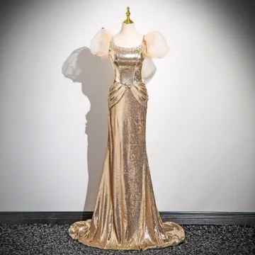 Sparkly Gold Sequins Evening Dresses 2025 Trumpet Mermaid U Neck Puffy Short Sleeve Backless Sweep Train Evening Party Formal Dresses