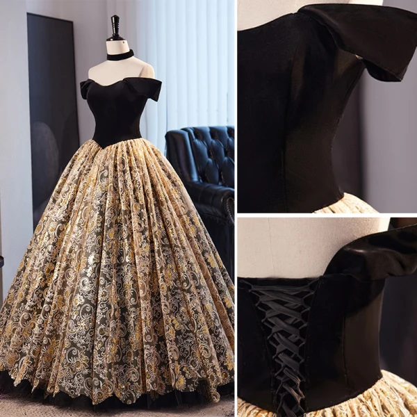Vintage / Retro Gold Black Printing Prom Dresses 2023 Ball Gown Off-The-Shoulder Corset Short Sleeve Backless Floor-Length / Long Prom Formal Dresses