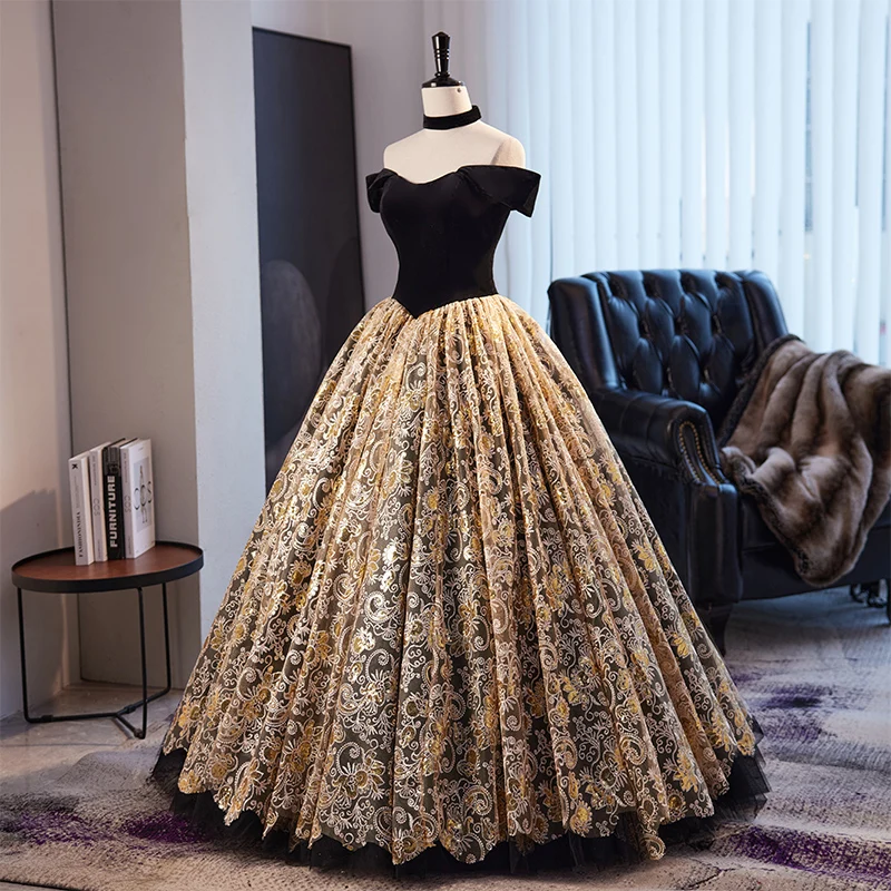 Vintage Retro Gold Black Printing Prom Dresses 2023 Ball Gown Off-The-Shoulder Corset