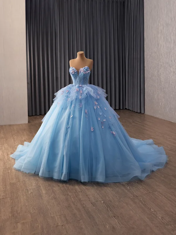 Blumenfee Himmelblau Applikationen Perle Ballkleider 2026 Ballkleid Bandeau Ärmellos Rückenfreies Kapelle-Schleppe Festliche Kleider