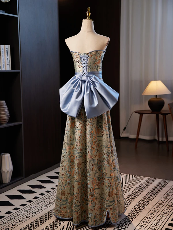 Chinese style Printing Prom Dresses 2024 A-Line / Princess Sleeveless Strapless Backless Bow Floor-Length / Long Prom Formal Dresses