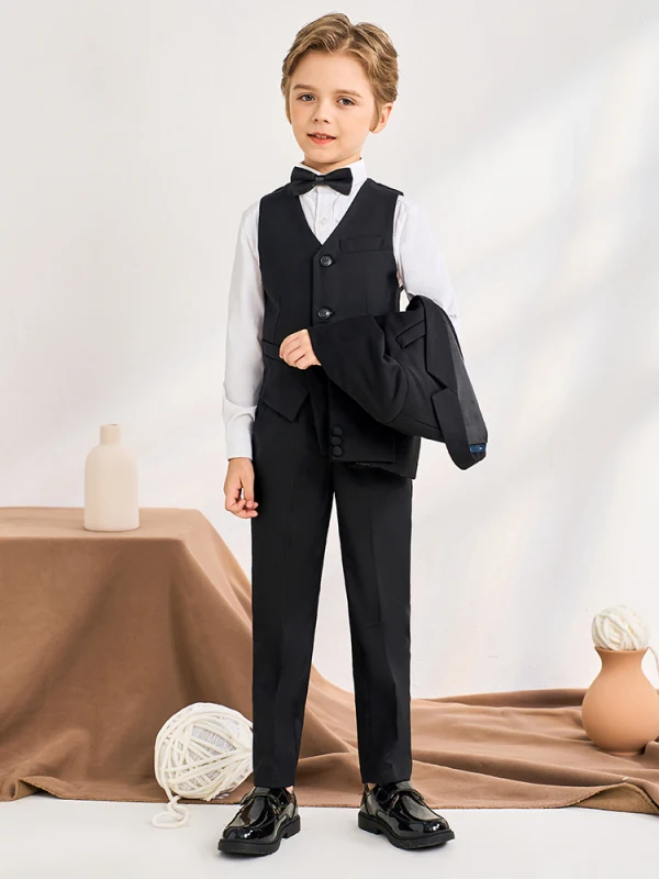 5-piece Black Long Sleeve Wedding Boys Wedding Suits 2024 Coat Pants Shirt Tie Vest