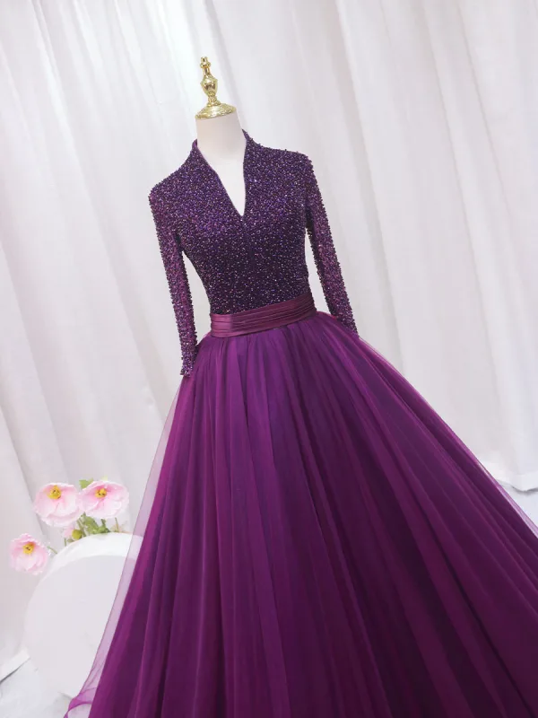 Vintage / Retro Purple Beading Sequins Prom Dresses 2024 Ball Gown High Neck Long Sleeve Backless Floor-Length / Long Prom Formal Dresses