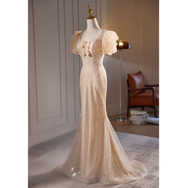 Fashion Champagne Beading Pearl Sequins Evening Dresses 2023 Trumpet / Mermaid Square Neckline Puffy Short Sleeve Backless Floor-Length / Long Evening Party Formal Dresses