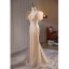 Fashion Champagne Beading Pearl Sequins Evening Dresses 2023 Trumpet / Mermaid Square Neckline Puffy Short Sleeve Backless Floor-Length / Long Evening Party Formal Dresses