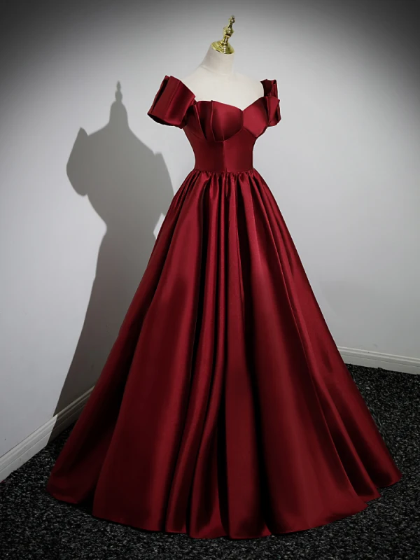 Elegant Burgundy Satin Prom Dresses 2023 Ball Gown Off-The-Shoulder Short Sleeve Backless Floor-Length / Long Prom Formal Dresses