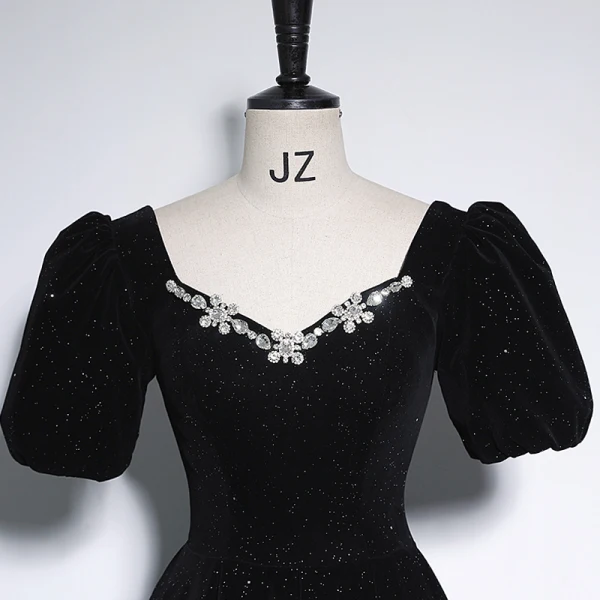 Elegant Black Rhinestone Velvet Evening Dresses 2023 A-Line / Princess V-Neck Short Sleeve Backless Floor-Length / Long Prom Formal Dresses