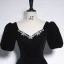 Elegant Black Rhinestone Velvet Evening Dresses 2023 A-Line / Princess V-Neck Short Sleeve Backless Floor-Length / Long Prom Formal Dresses