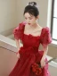 Chic / Beautiful Burgundy Homecoming Appliques Graduation Dresses 2024 A-Line / Princess Square Neckline Short Sleeve Backless Tea-length Formal Dresses