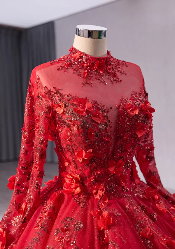 High-end Red Handmade  Beading Pearl Sequins Appliques Prom Dresses 2024 Ball Gown High Neck Long Sleeve Backless Chapel Train Prom Formal Dresses