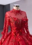 High-end Red Handmade  Beading Pearl Sequins Appliques Prom Dresses 2024 Ball Gown High Neck Long Sleeve Backless Chapel Train Prom Formal Dresses