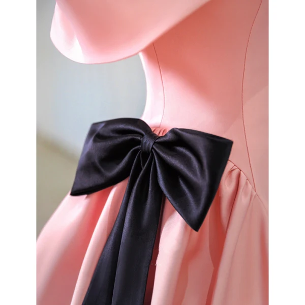 Elegant Candy Pink Satin Prom Dresses 2023 Ball Gown Off-The-Shoulder Short Sleeve Backless Bow Floor-Length / Long Prom Formal Dresses