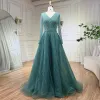 High-end Royal Blue Handmade  Beading Prom Dresses 2024 A-Line / Princess V-Neck Long Sleeve Floor-Length / Long Prom Formal Dresses