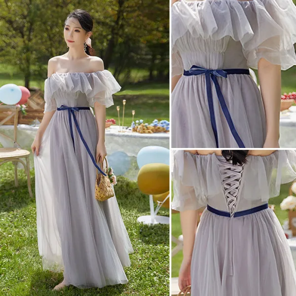 Modest / Simple Lavender Bridesmaid Dresses 2022 A-Line / Princess Short Sleeve Backless Bow Sash Floor-Length / Long Bridesmaid