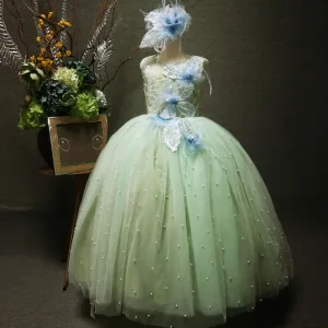 Élégant Vert Cendré Perlage Perle Paillettes Appliques Anniversaire Robe Ceremonie Fille 2025 Robe Boule Encolure Dégagée Sans Manches Dos Nu Longue
