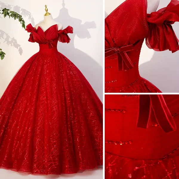 Élégant Rouge Perlage Paillettes Noeud Robe De Bal 2023 Robe Boule De l'épaule Manches Courtes Dos Nu Longue Promo Robe De Ceremonie