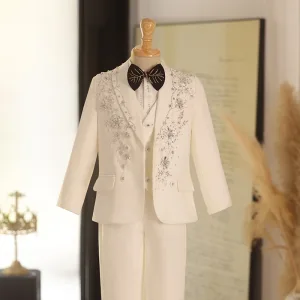 White Rhinestone Long Sleeve 5 Piece Boys Wedding Suits Wedding 2025 Coat Pants Shirt Tie Vest