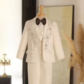 White Rhinestone Long Sleeve 5 Piece Boys Wedding Suits Wedding 2025 Coat Pants Shirt Tie Vest