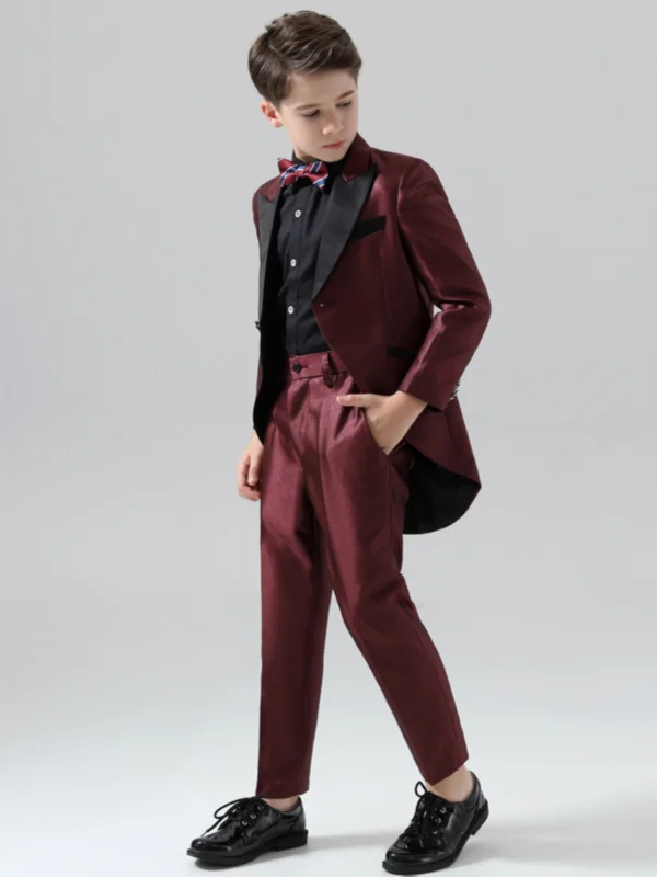 Burgundy 4-piece Long Sleeve Wedding Boys Wedding Suits 2024 Coat Pants Shirt Tie
