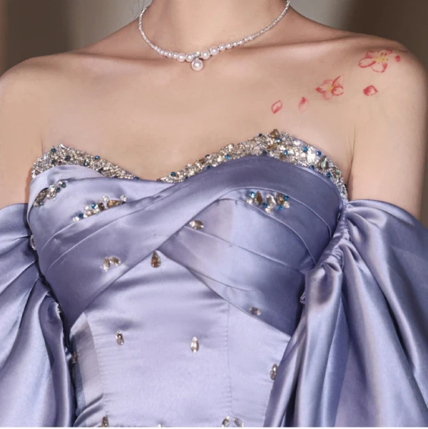 Illusion Lavender Sequins Rhinestone Satin Prom Dresses 2024 A-Line / Princess Off-The-Shoulder Short Sleeve Backless Bow Floor-Length / Long Prom Formal Dresses
