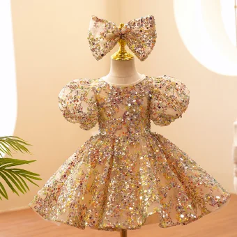 Scintillantes Doré Paillettes Anniversaire Courte Robe Ceremonie Fille 2022 Robe Boule Encolure Dégagée Gonflée Manches Courtes Noeud Robe Ceremonie Fille