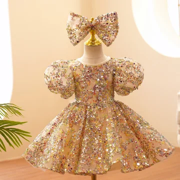 Scintillantes Doré Paillettes Anniversaire Courte Robe Ceremonie Fille 2022 Robe Boule Encolure Dégagée Gonflée Manches Courtes Noeud Robe Ceremonie Fille