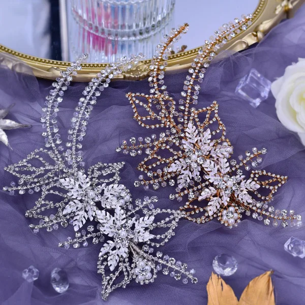 Bling Bling Guld Handgjort Pärla Rhinestone Brud Huvudbonad 2023 Bröllop