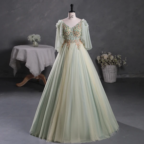 Elegant Sage Green Beading Appliques Prom Dresses 2023 V-Neck Short Sleeve Backless Floor-Length / Long Prom Formal Dresses