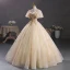 Elegant Champagne Beading Sequins Prom Dresses 2023 Ball Gown Square Neckline Puffy Short Sleeve Backless Floor-Length / Long Prom Formal Dresses