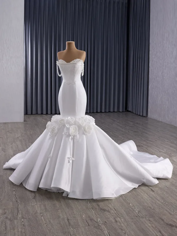 Haut de Gamme Blanche Fait main Appliques Perlage Perle Faux Diamant Corset  Robe De Mariée 2025 Trompette / Sirène Bustier Sans Manches Dos Nu Chapel Train
