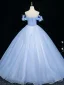 Elegant Sky Blue Beading Appliques Prom Dresses 2025 Ball Gown Off-The-Shoulder Short Sleeve Backless Floor-Length / Long Formal Dresses