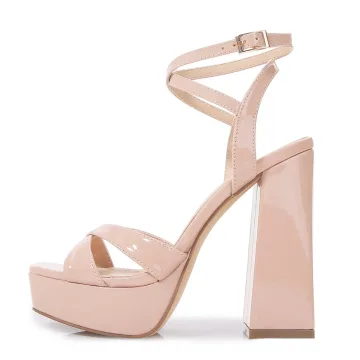 Mode Beige Vêtement De Rue Sandales Femme 2022 Bride Cheville 12 Cm Talons Épais Peep Toes Bout Ouvert Sandales Talons Hauts