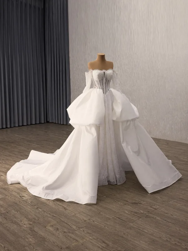 High-end White Handmade Beading Lace Flower Satin Wedding Dresses 2025 Ball Gown Off-The-Shoulder Long Sleeve Backless Chapel Train