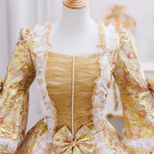 Vintage / Retro Medieval Gold Printing Bow Lace Flower Prom Dresses 2025 Ball Gown Square Neckline Bell sleeves Floor-Length / Long Formal Dresses
