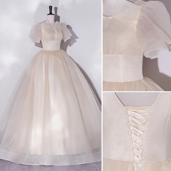 Bling Bling Champagne Sequins Prom Dresses 2022 Ball Gown Scoop Neck Puffy Short Sleeve Backless Floor-Length / Long Prom Formal Dresses