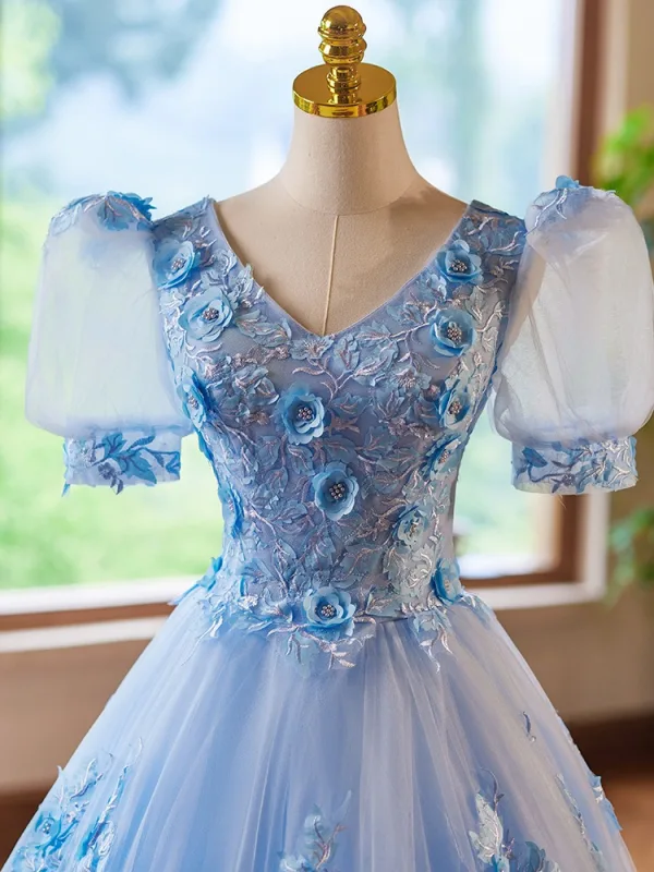 Chic / Beautiful Sky Blue Appliques Lace Flower Prom Dresses 2024 Ball Gown V-Neck Short Sleeve Backless Floor-Length / Long Prom Formal Dresses