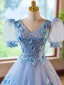 Chic / Beautiful Sky Blue Appliques Lace Flower Prom Dresses 2024 Ball Gown V-Neck Short Sleeve Backless Floor-Length / Long Prom Formal Dresses