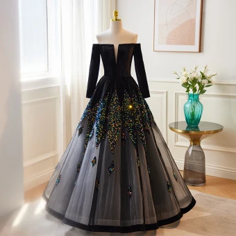 Chic Belle Noire Paillettes Robe De Bal 2023 Princesse De L Épaule 3 4 Manches Dos Nu Longue Robe De Ceremonie