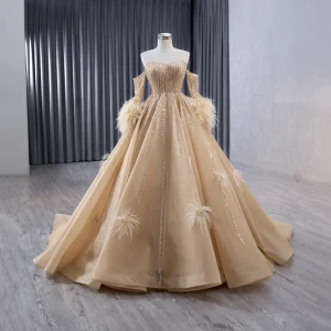 Luxury Gorgeous Champagne Handmade Beading Sequins Tassel Prom Dresses 2024 Ball Gown Strapless Short Sleeve Backless Court Train Prom Formal Dresses