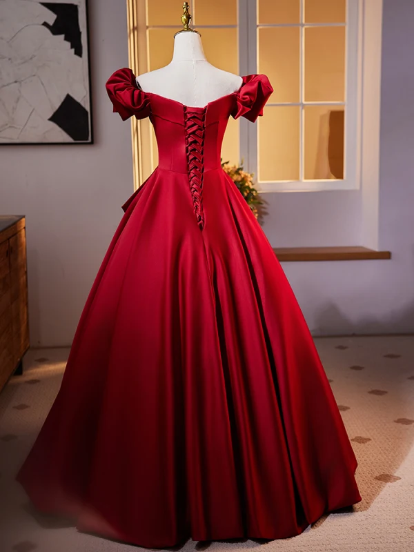 Elegant Burgundy Prom Dresses 2024 Ball Gown Off-The-Shoulder Puffy Short Sleeve Backless Floor-Length / Long Prom Formal Dresses