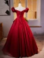 Elegant Burgundy Prom Dresses 2024 Ball Gown Off-The-Shoulder Puffy Short Sleeve Backless Floor-Length / Long Prom Formal Dresses