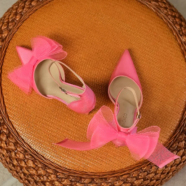 Schöne Fuchsie Schleife Ball Sandalen Damen 2023 Knöchelriemen 8 cm Stilettos Spitzschuh Sandaletten Hochhackige