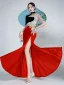 Amazing / Unique Chinese style Burgundy Beading Sequins Lace Flower Velvet Split Front Cheongsam 2025 Trumpet / Mermaid High Neck Short Sleeve Floor-Length / Long Evening Party