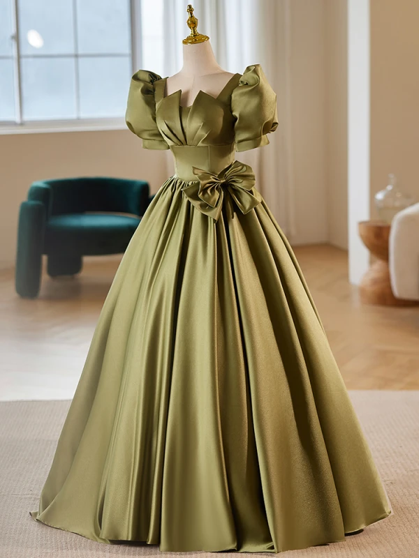 Modest / Simple Clover Green Bow Satin Prom Dresses 2024 Ball Gown Square Neckline Puffy Short Sleeve Backless Floor-Length / Long Prom Formal Dresses