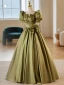 Modest / Simple Clover Green Bow Satin Prom Dresses 2024 Ball Gown Square Neckline Puffy Short Sleeve Backless Floor-Length / Long Prom Formal Dresses