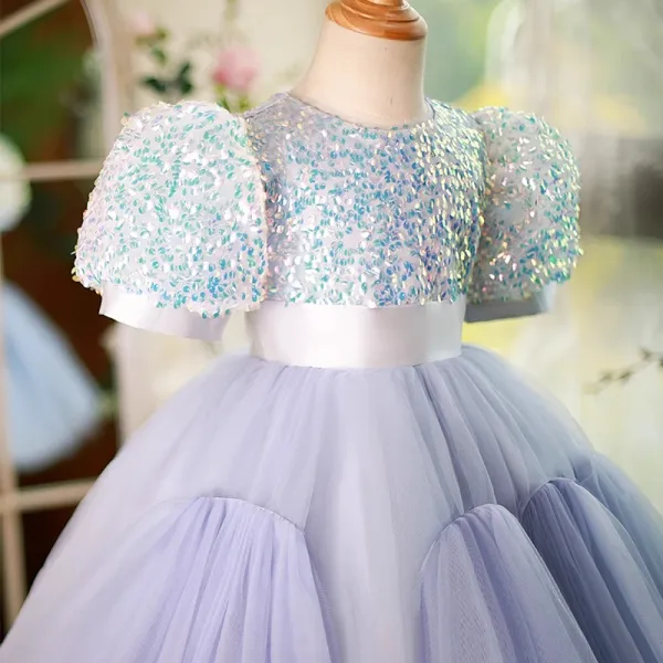 Bling Bling Lavande Paillettes Courte Anniversaire Robe Ceremonie Fille 2023 Robe Boule Encolure Dégagée Gonflée Manches Courtes